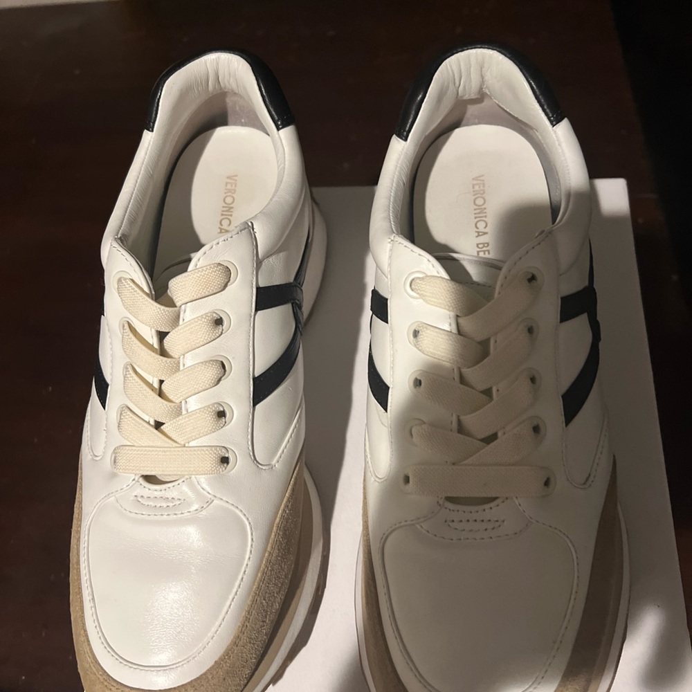 Veronica Beard Valentina White Sneakers with Black and Tan Accents